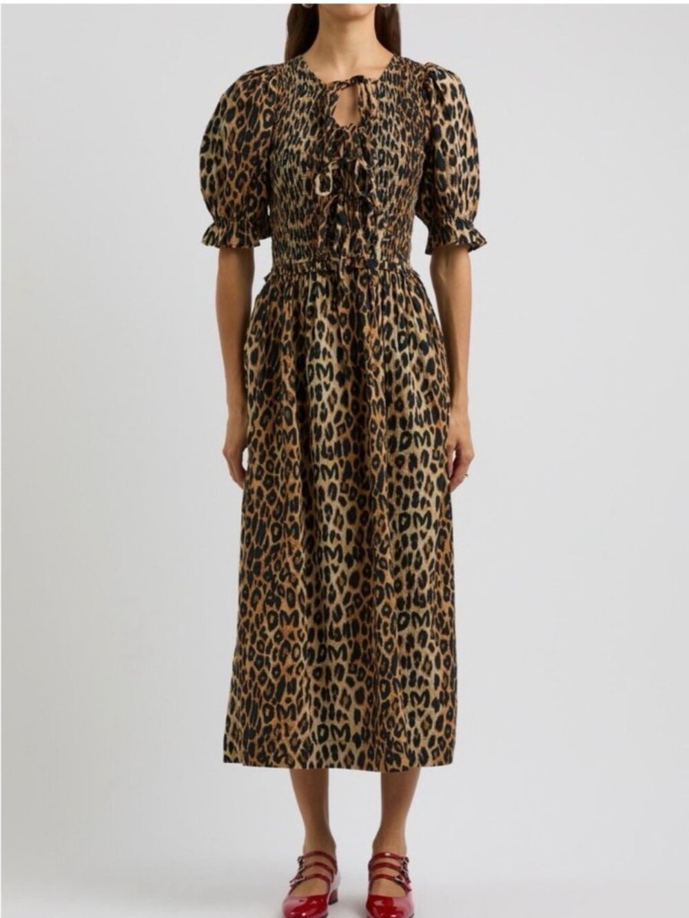 Damson Madder Leopard Midi Dress Puff Sleeves Size 6 Animal Print